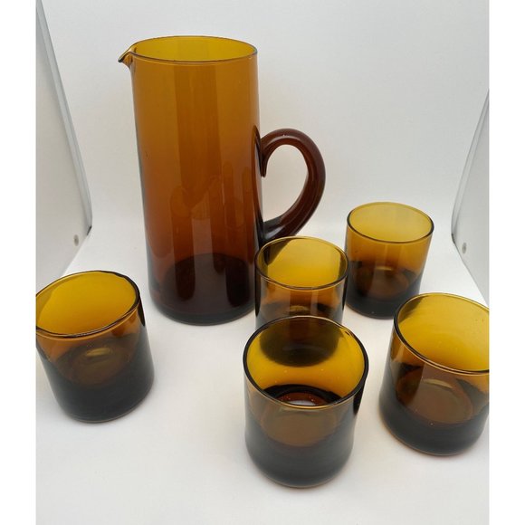 Hand Blown Pitcher With 5 Glasses Cocktails Mid Century Amber Brown Ombre - Picture 2 of 10